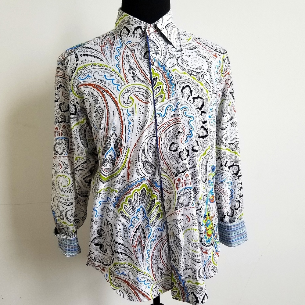 Robert Graham White Blue Green Paisley Print Shirt